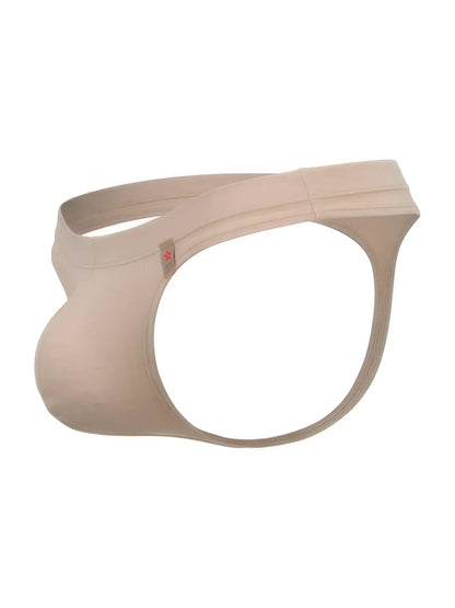 Beige color jor 2349 invisible thongs made of smooth stretchy fabric with a subtle red logo tag on the waistband