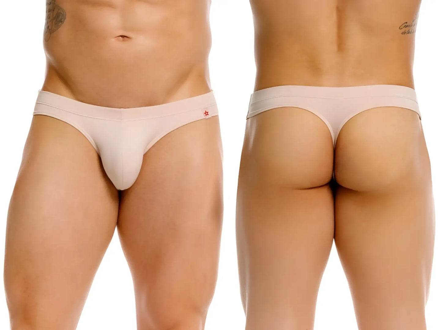 Beige invisible thong with a small red star logo on the waistband showing the front side of the product