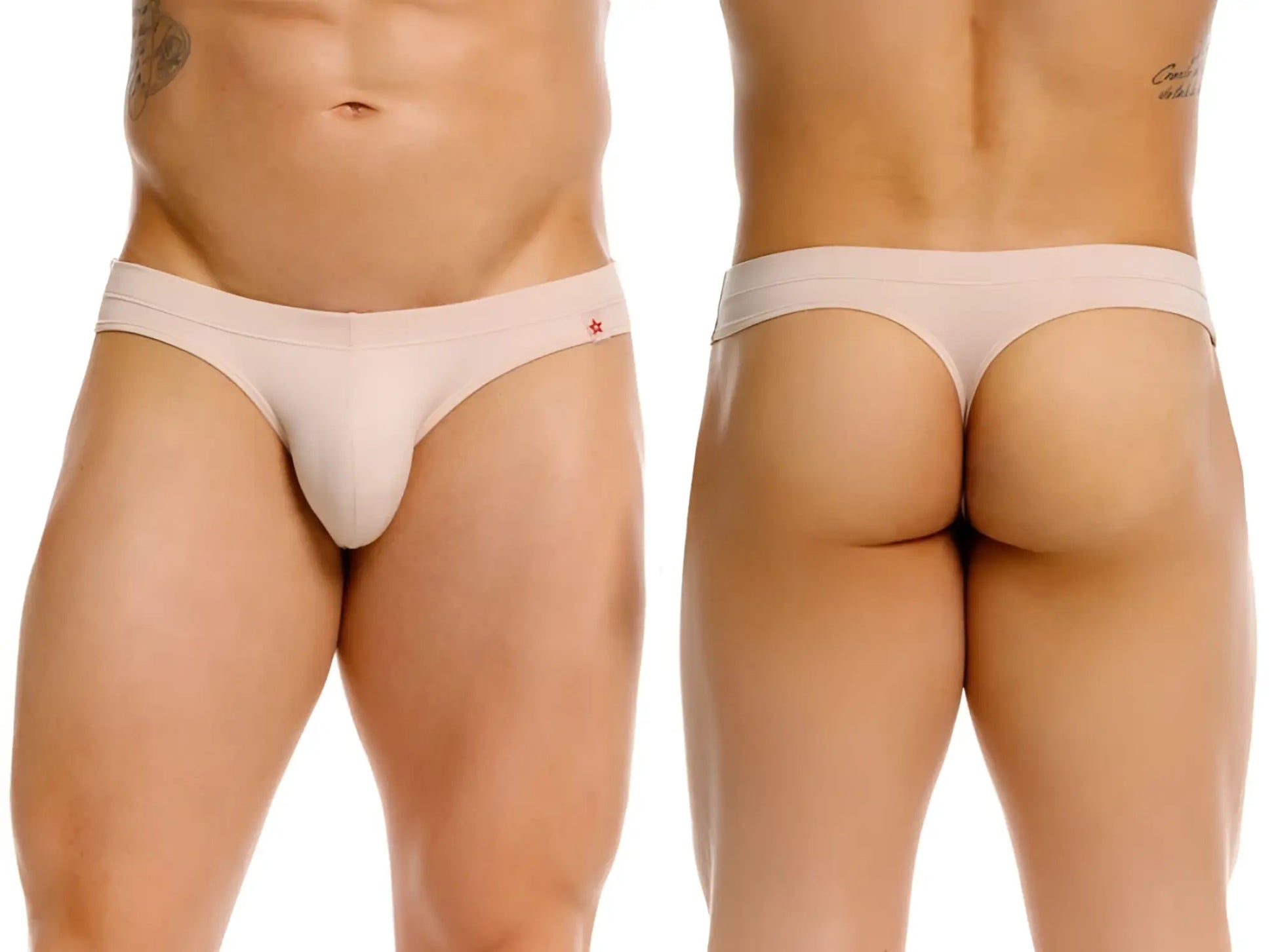 Beige invisible thong with a small red star logo on the waistband showing the front side of the product