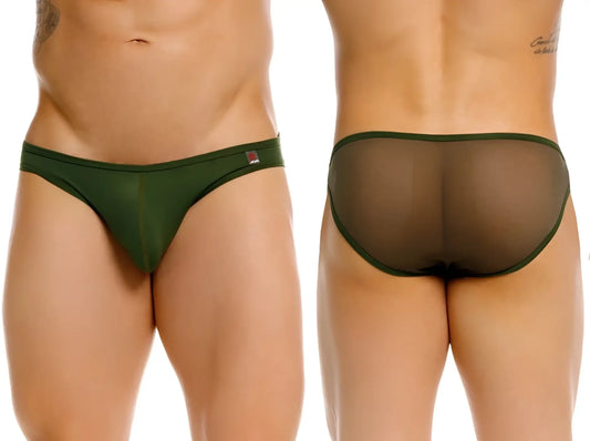 Dark green jor 2353 origin bikini sheer mesh briefs with a solid fabric waistband shown from the back