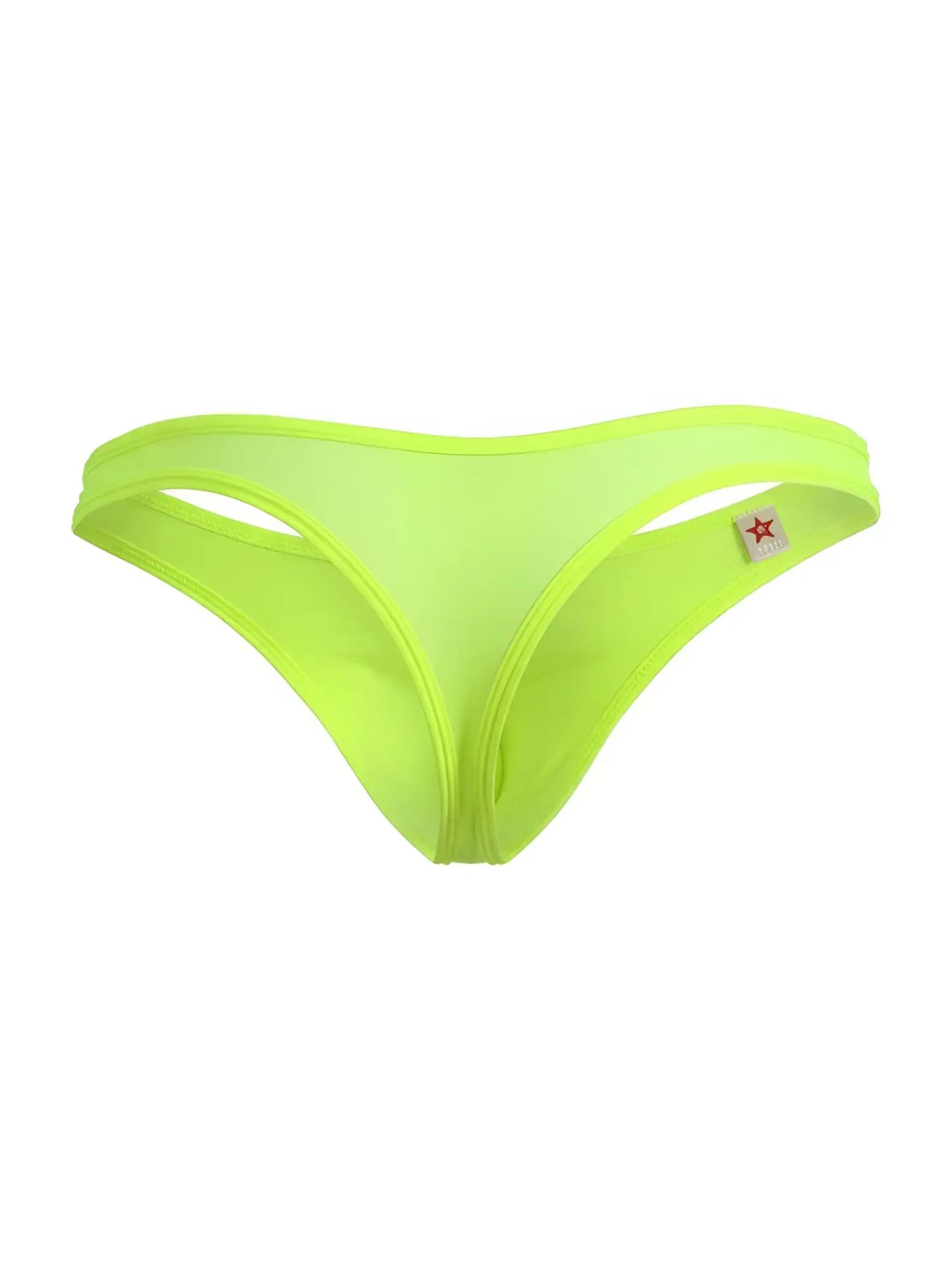 Bright neon green jor 2354 origin thong made of stretchy fabric with a small red star logo on the side