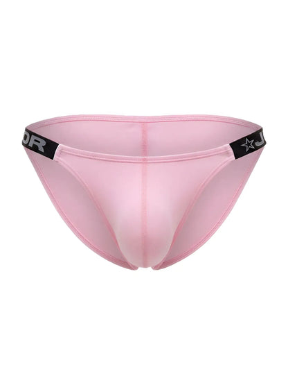Pink sheer mesh briefs with black elastic waistband featuring star logo and partial brand lettering jor 2355 eros bikini