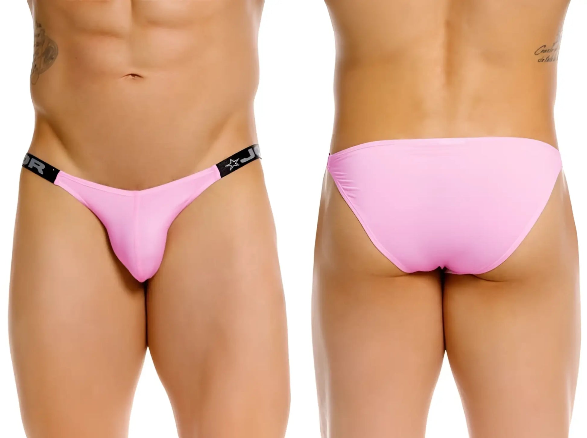 Pink thong bikini with black elastic waistband featuring star and jor logo in model jor 2355 eros bikini pink