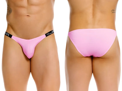 Pink thong bikini with black elastic waistband featuring star and jor logo in model jor 2355 eros bikini pink