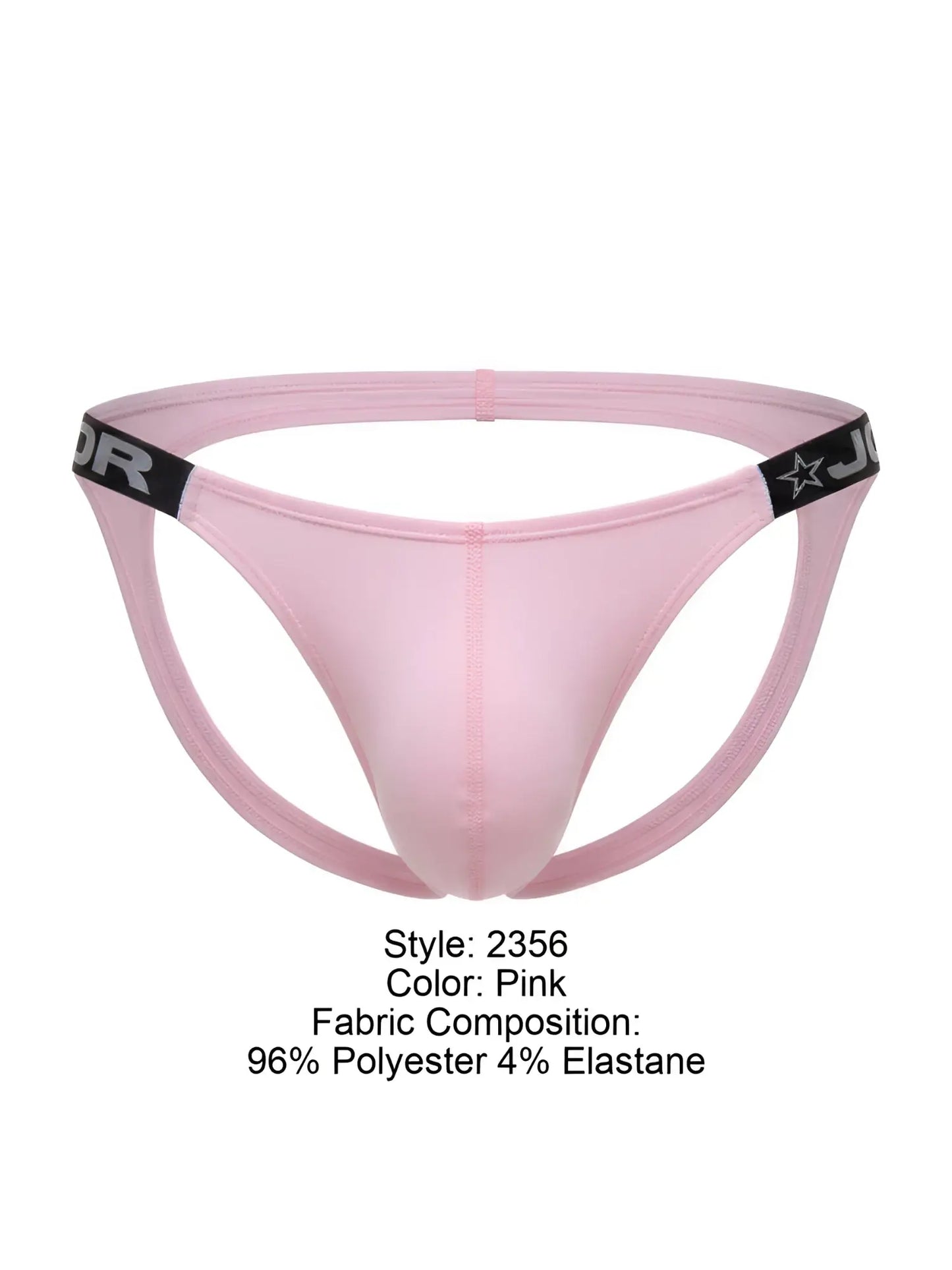 Pink jor 2356 eros jockstrap thong with black elastic waistband featuring star logo and brand lettering