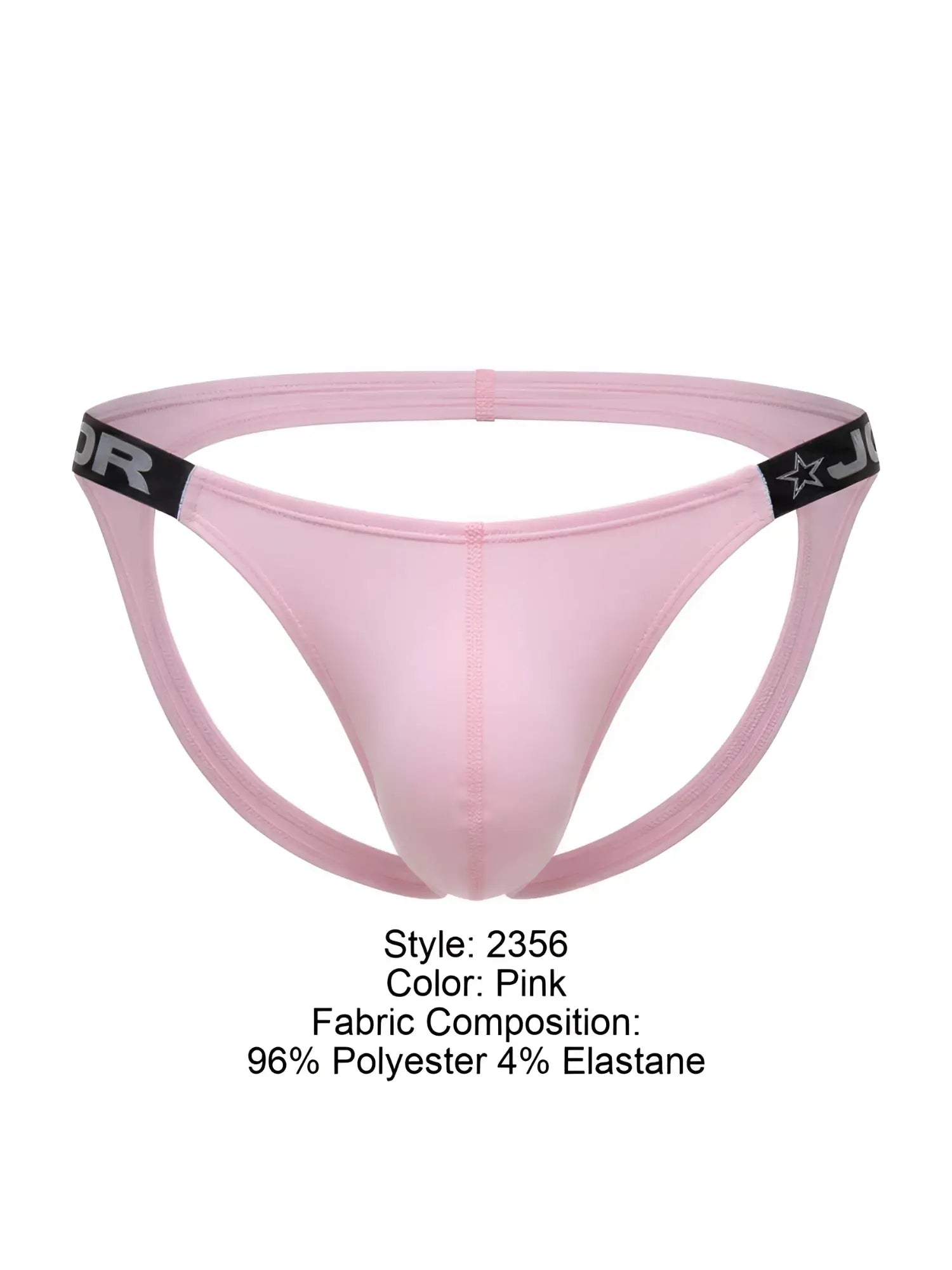 Pink jor 2356 eros jockstrap thong with black elastic waistband featuring star logo and brand lettering