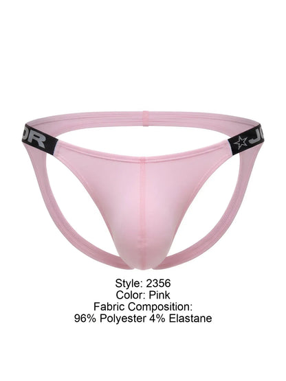 Pink jor 2356 eros jockstrap thong with black elastic waistband featuring star logo and brand lettering
