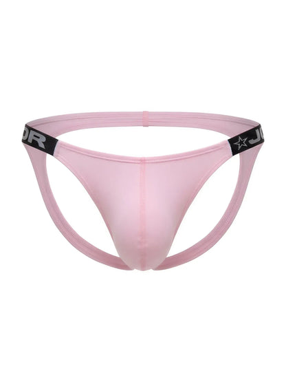 Pink jor 2356 eros jockstrap men’s thong with black elastic waistband and star logo on front side