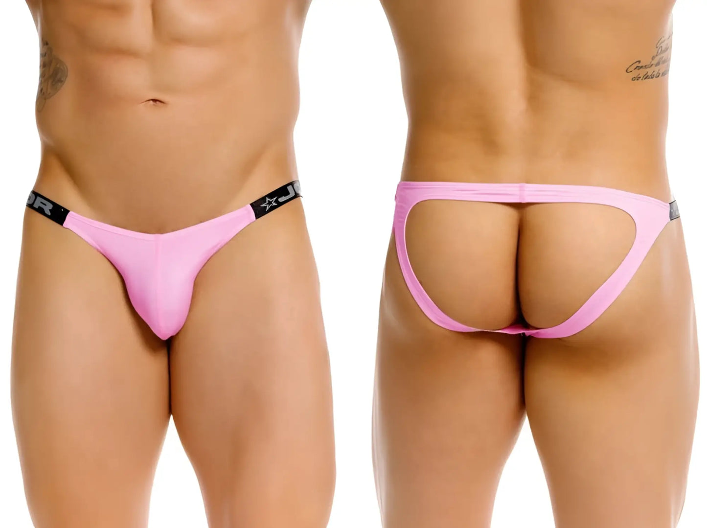 Pink eros jockstrap with black elastic waistband and star logo designed for comfortable athletic wear