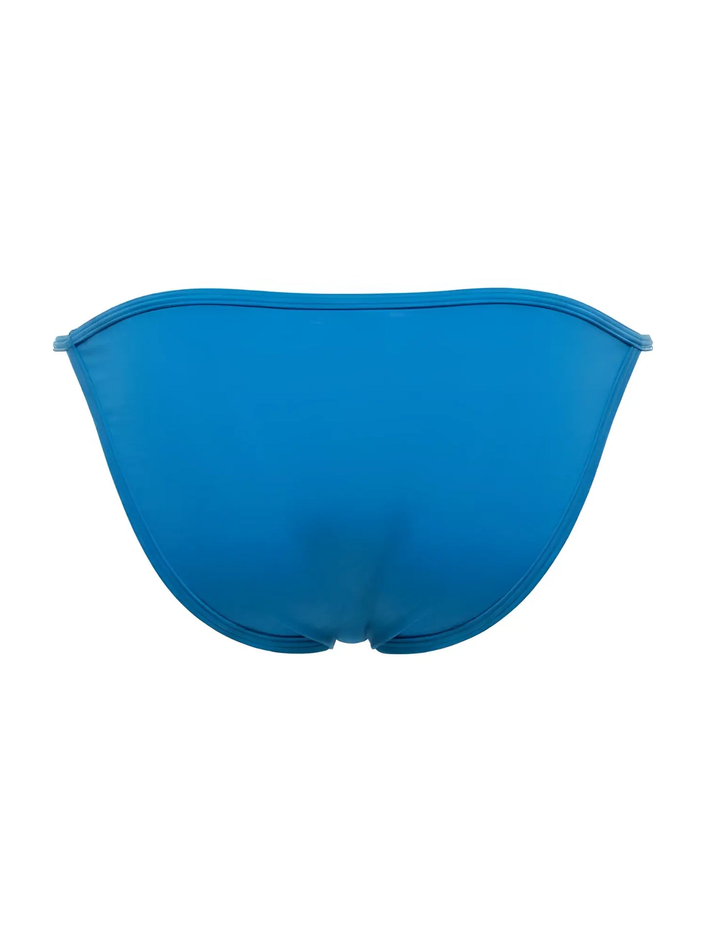 Bright blue sleek axel bikini bottom in turquoise with smooth stretchy fabric and clean stitched edges showing back side