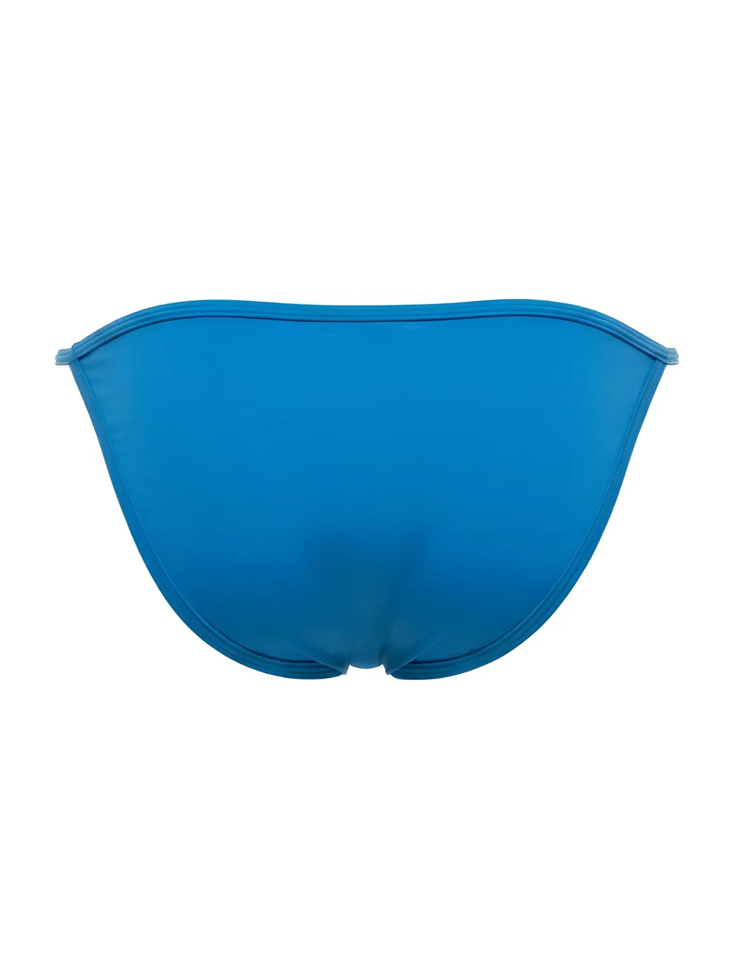 Bright blue sleek axel bikini bottom in turquoise with smooth stretchy fabric and clean stitched edges showing back side