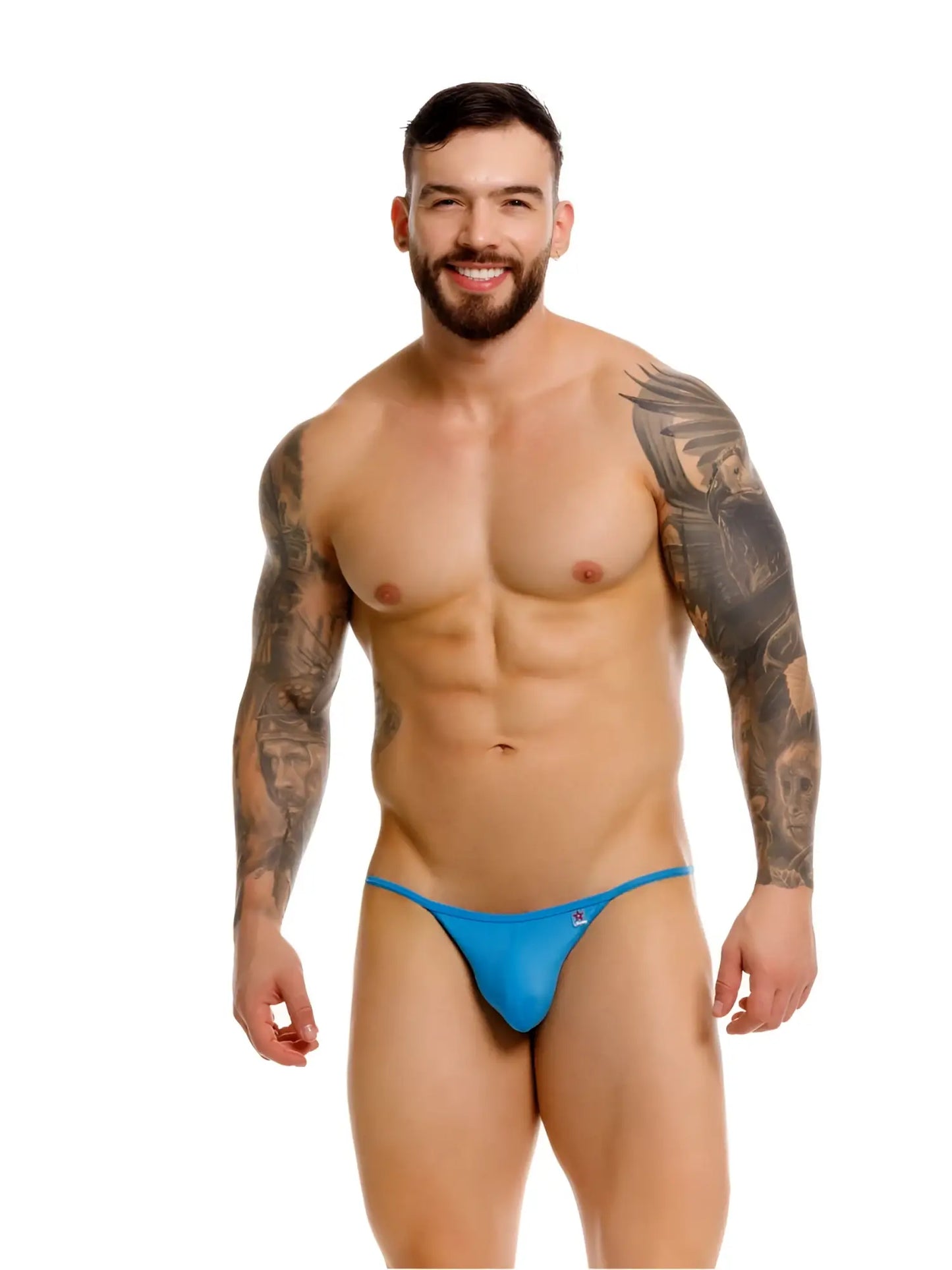Bright blue form-fitting thong with small logo on left hip from jor 2358 axel bikini color turquoise product line
