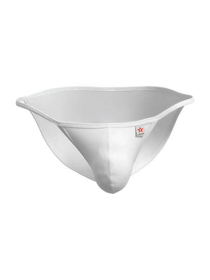 White seamless JOR 2358 Axel bikini briefs with minimalist design and subtle red star logo on waistband