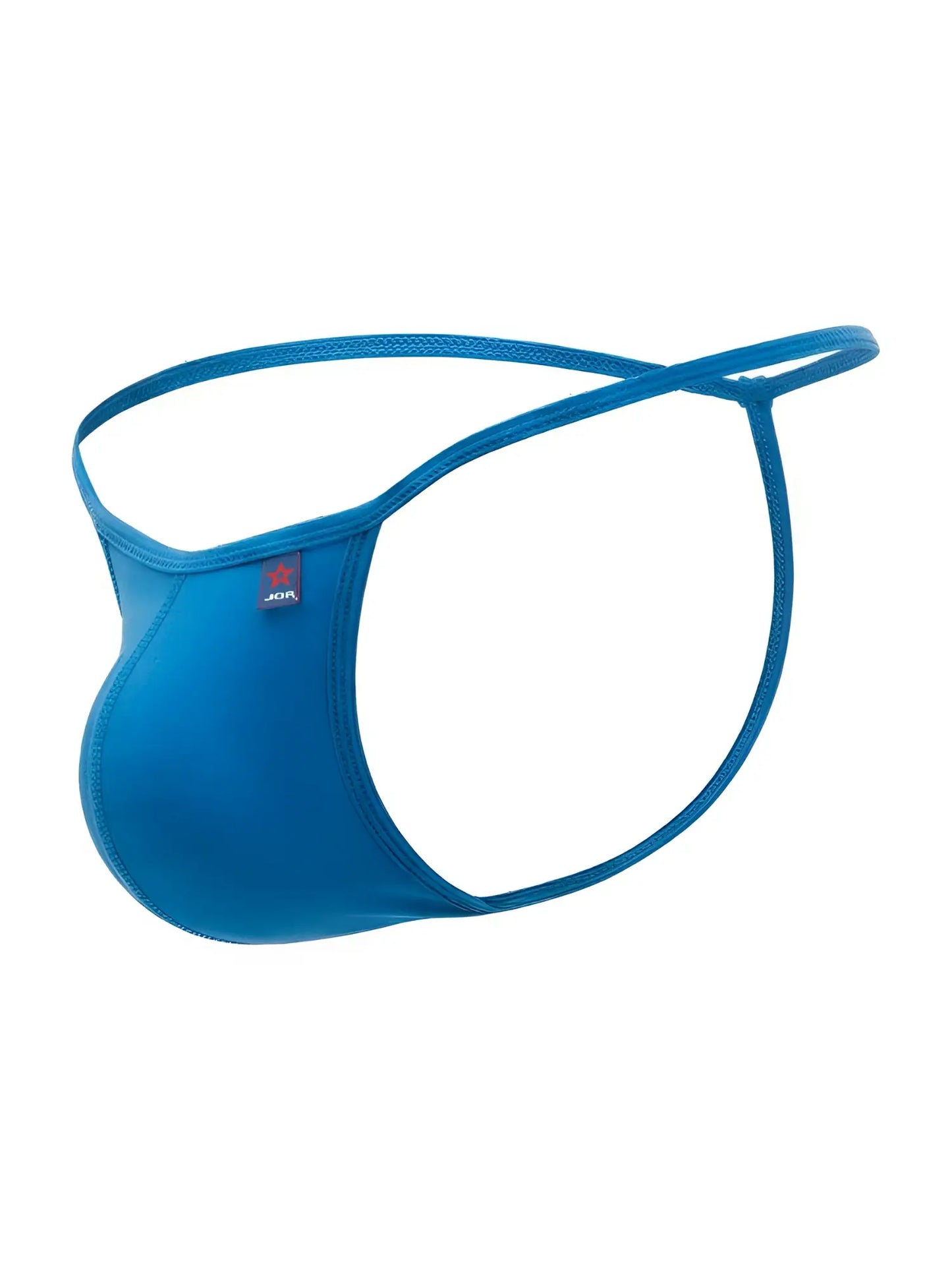 Bright blue seamless thong made of stretchy fabric with a red and black brand tag on the side from JOR 2359 Axel