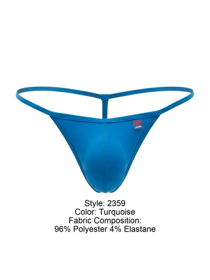 Turquoise jon brand thong made of 96% polyester and 4% elastane jor 2359 axel g-string back side view