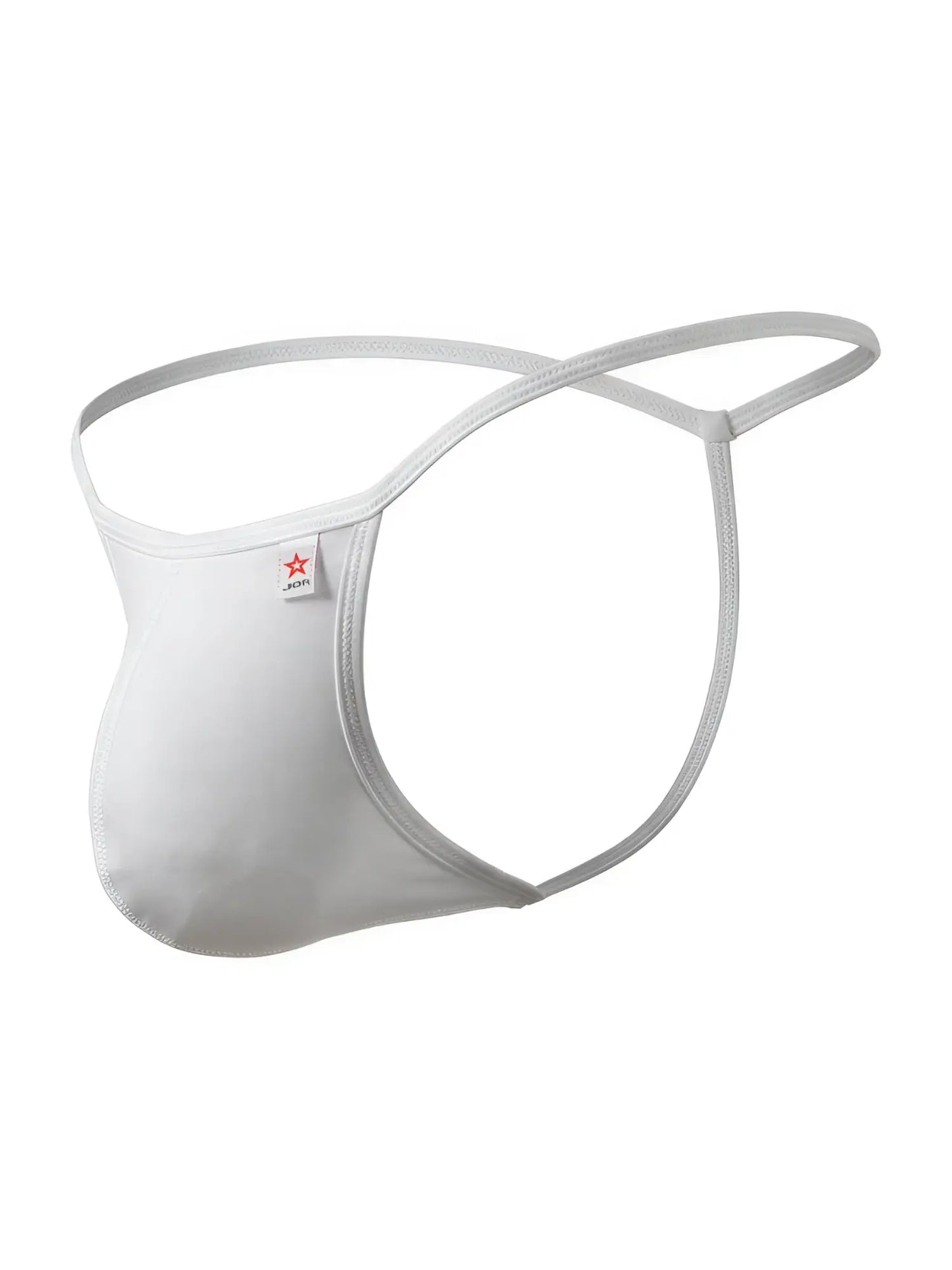 White form-fitting men’s thong with thin elastic straps and small red star logo tag jor 2359 axel g-string