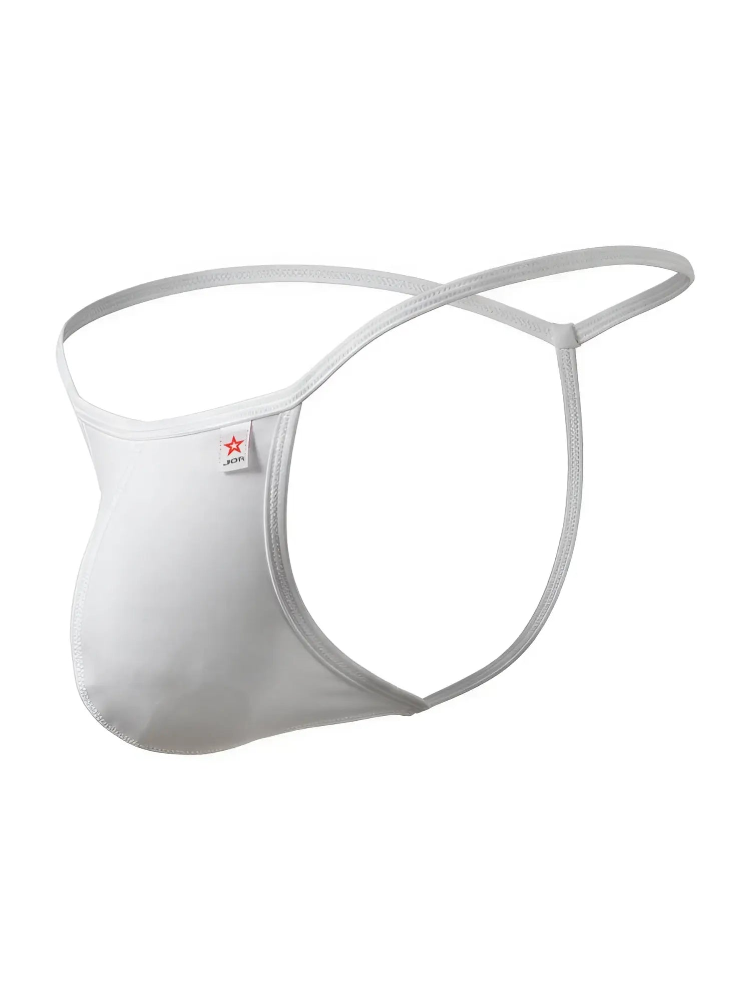 White form-fitting men’s thong with thin elastic straps and small red star logo tag jor 2359 axel g-string