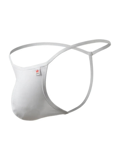 White form-fitting men’s thong with thin elastic straps and small red star logo tag jor 2359 axel g-string