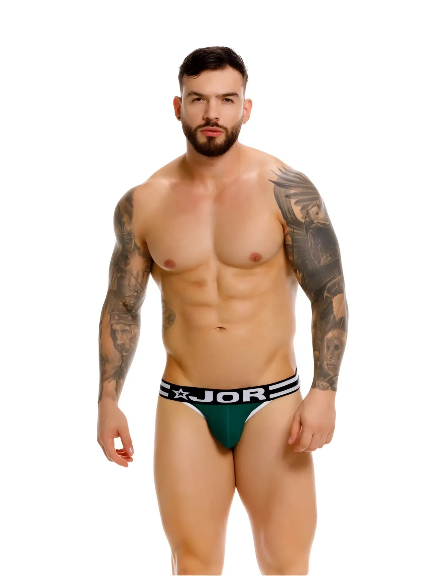 Dark green jor 2362 rush bikini briefs with black and white elastic waistband featuring the jor logo