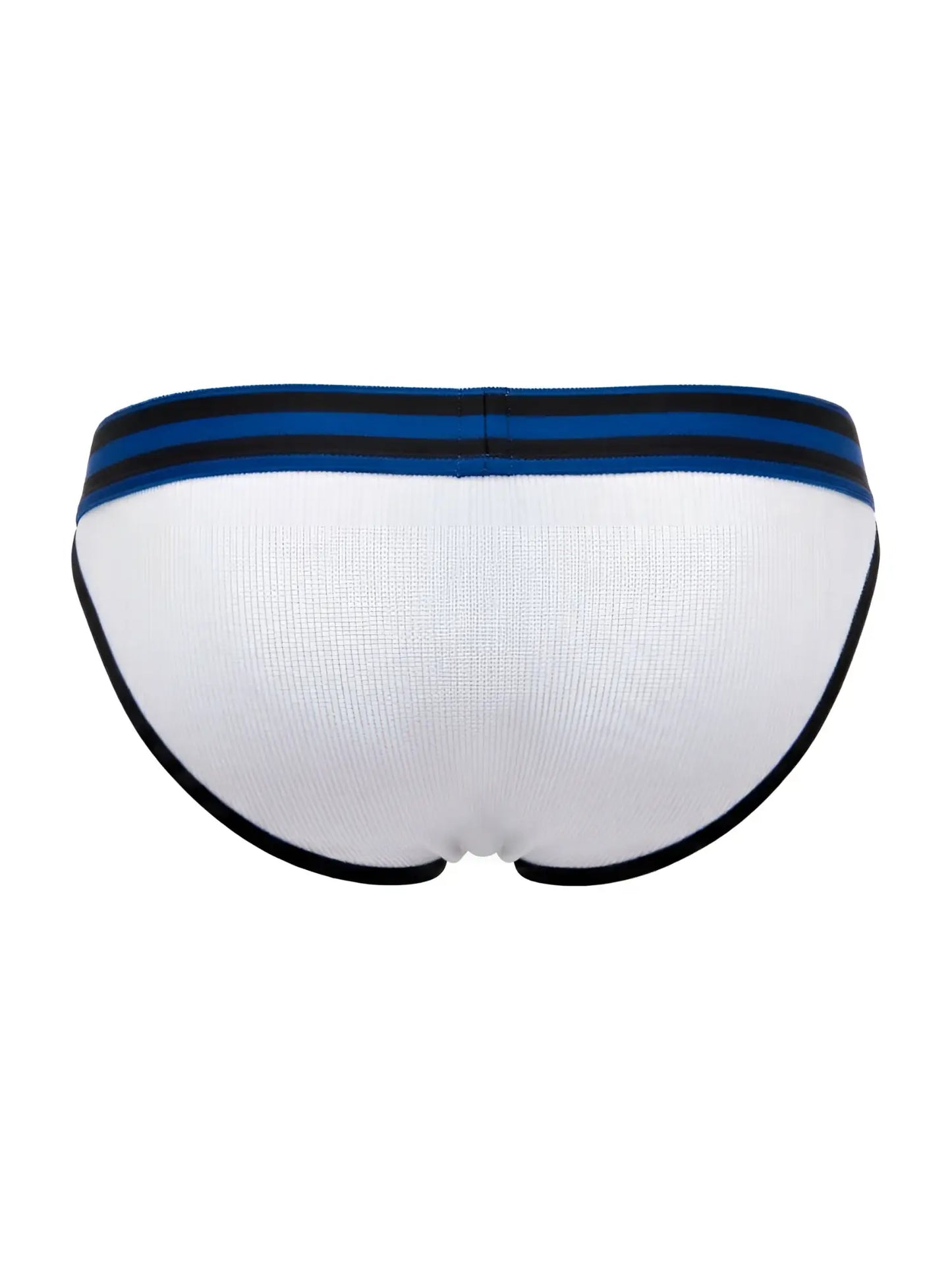 White jor 2362 rush bikini briefs with navy blue and black striped waistband and black trim along leg openings