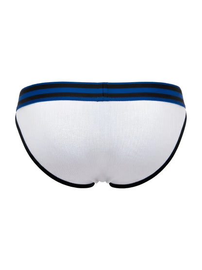 White jor 2362 rush bikini briefs with navy blue and black striped waistband and black trim along leg openings