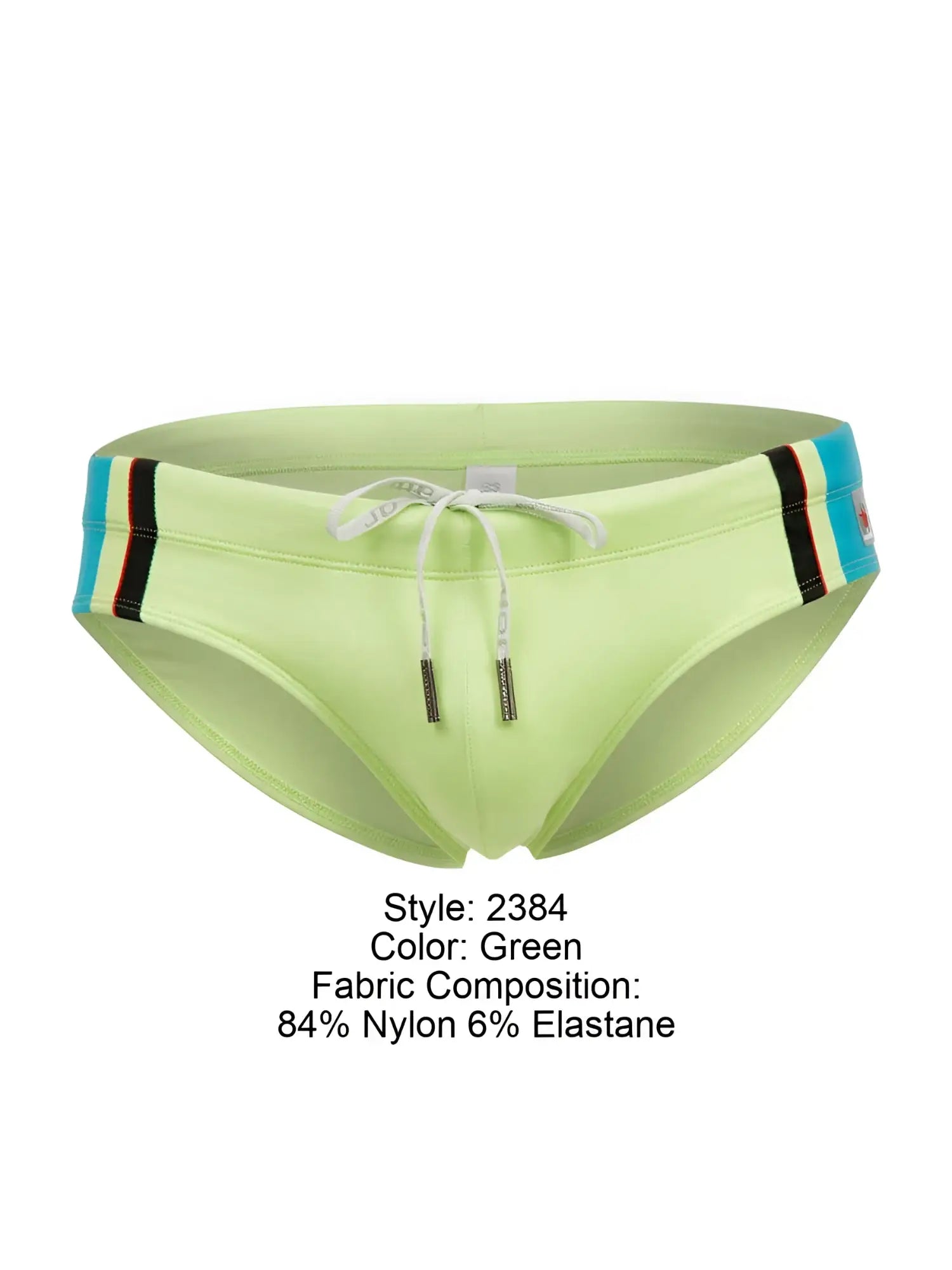 Jor 2384 wind swim briefs in lime green with a blue black and red striped waistband for swimming and beachwear