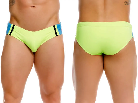 Jor 2384 wind swim briefs in vibrant neon green with blue and black striped side panels for beach use
