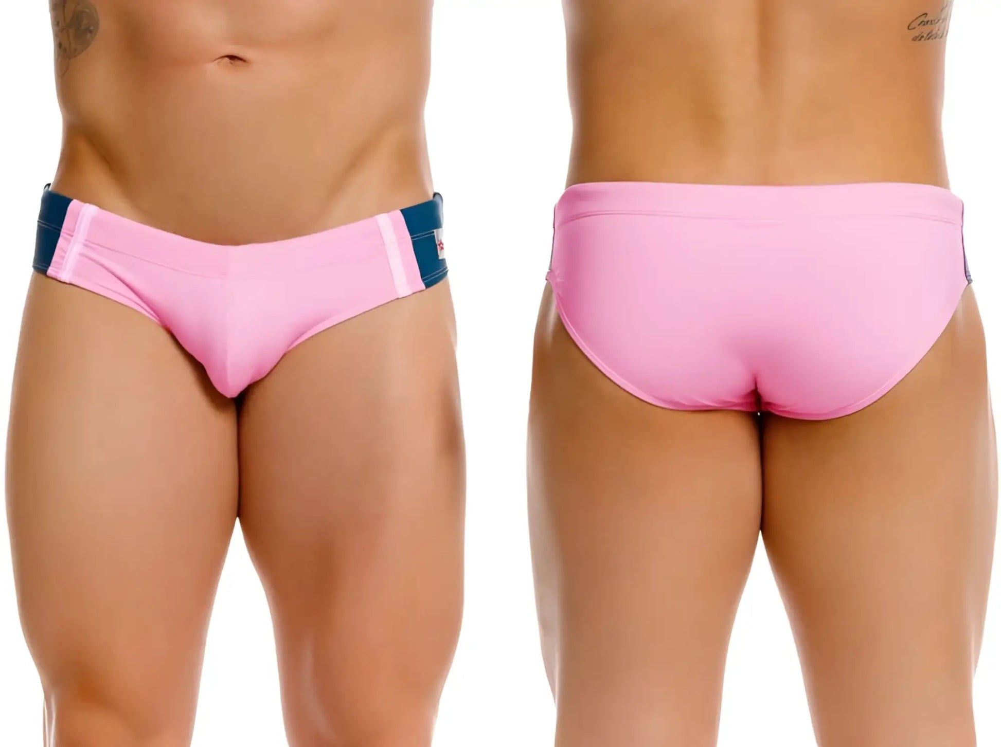 Pink jor 2384 wind swim briefs with navy blue side panels and white stripes designed for swimming