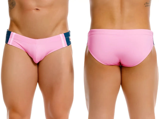 Pink jor 2384 wind swim briefs with navy blue side panels and white stripes designed for swimming