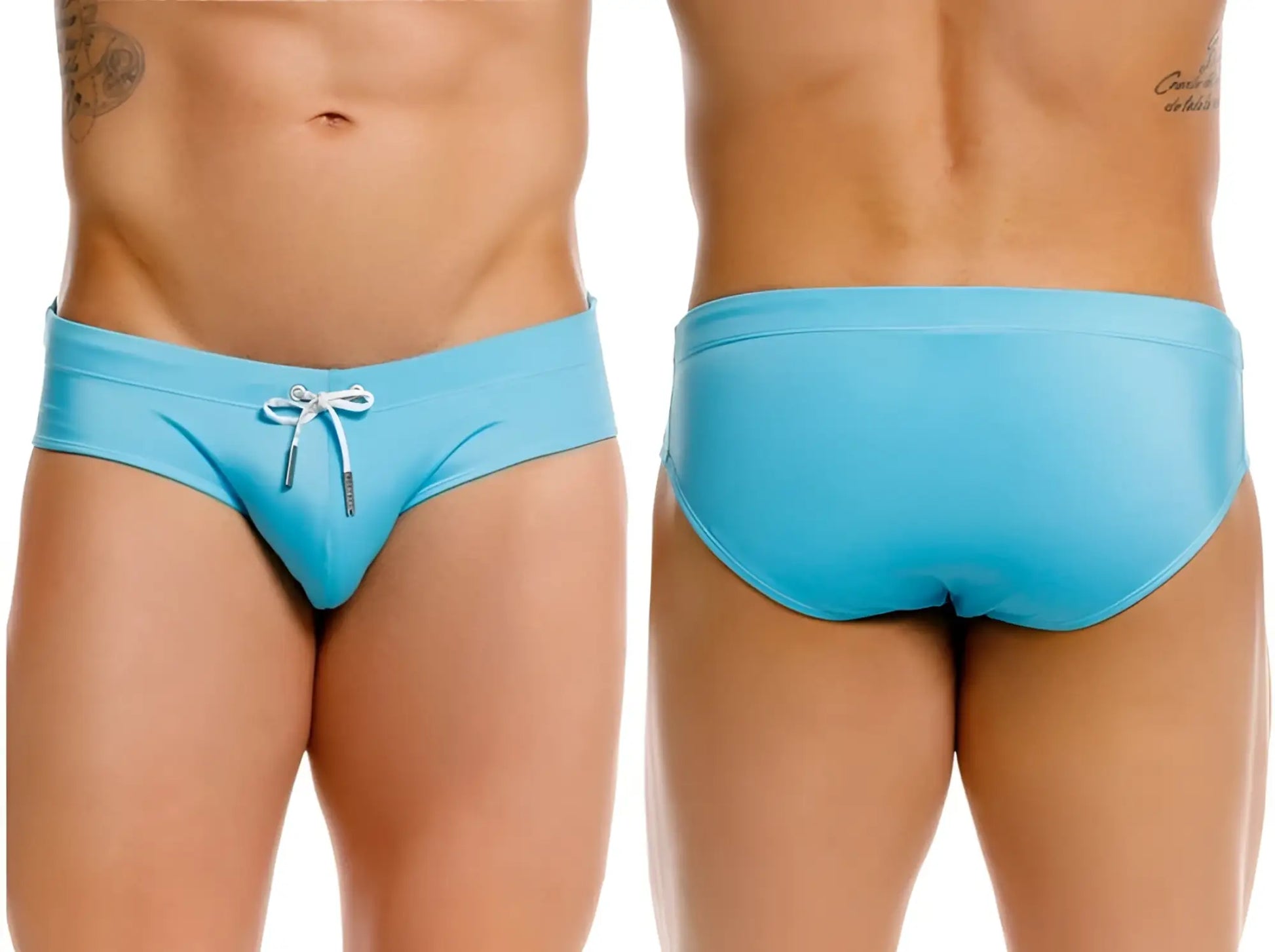 Jor 2387 travel swim briefs in turquoise feature light blue fabric with a white drawstring tie at the front