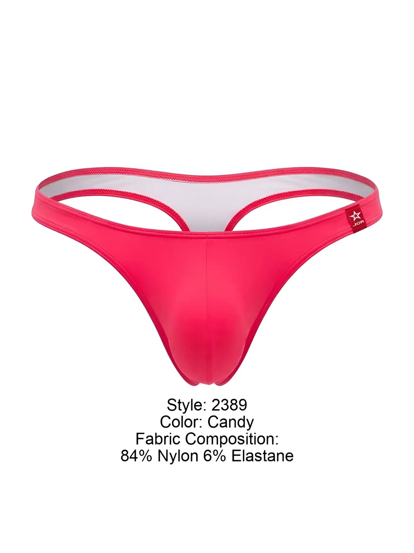 Candy pink jor 2389 travel swim thong with white inner lining made of 84% nylon and 6% elastane