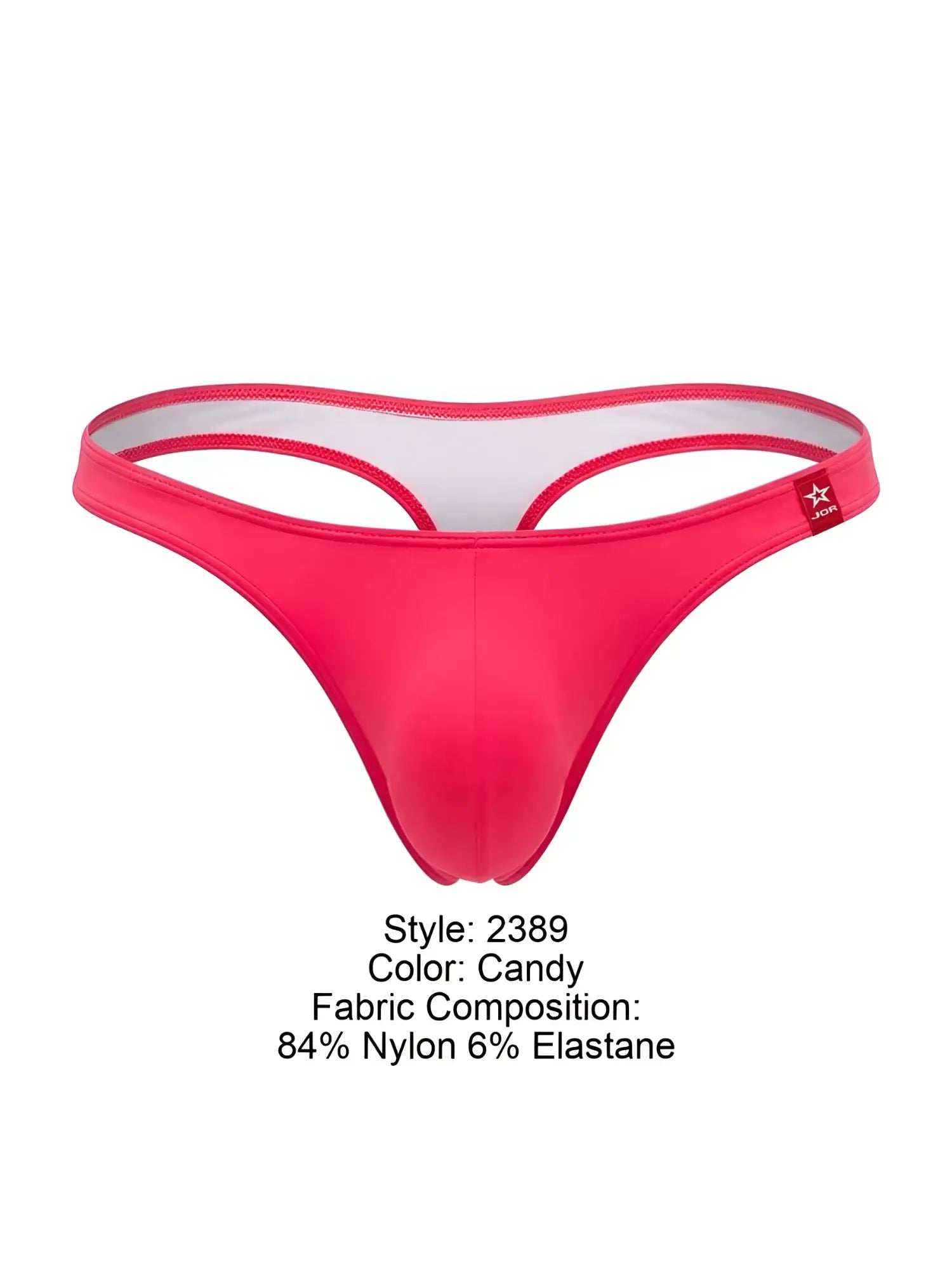 Candy pink jor 2389 travel swim thong with white inner lining made of 84% nylon and 6% elastane