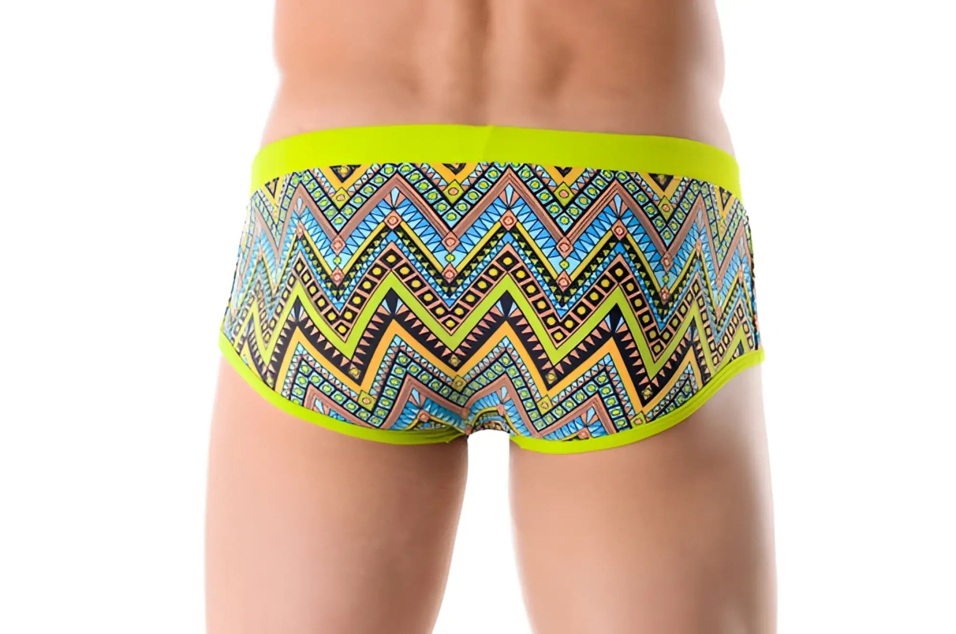 Jor africa brief swimwear size l in bright neon green waistband with multicolored geometric zigzag patterns