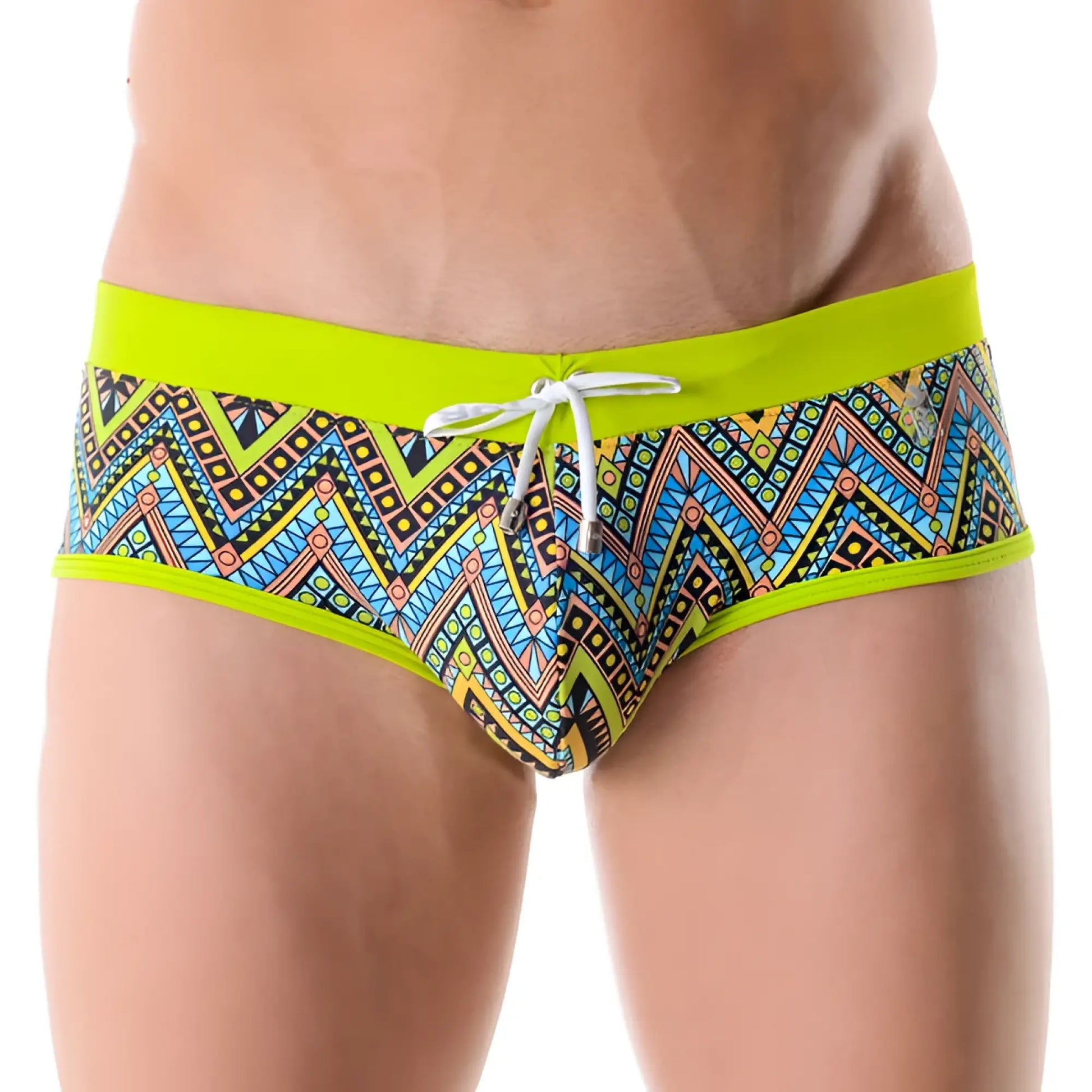 Jor africa brief swimwear size l featuring vibrant neon green trim with bold multicolored geometric tribal patterns
