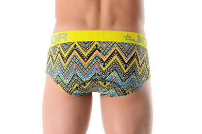 Jor africa brief underwear size l with bright yellow waistband and multicolored blue green brown zigzag pattern