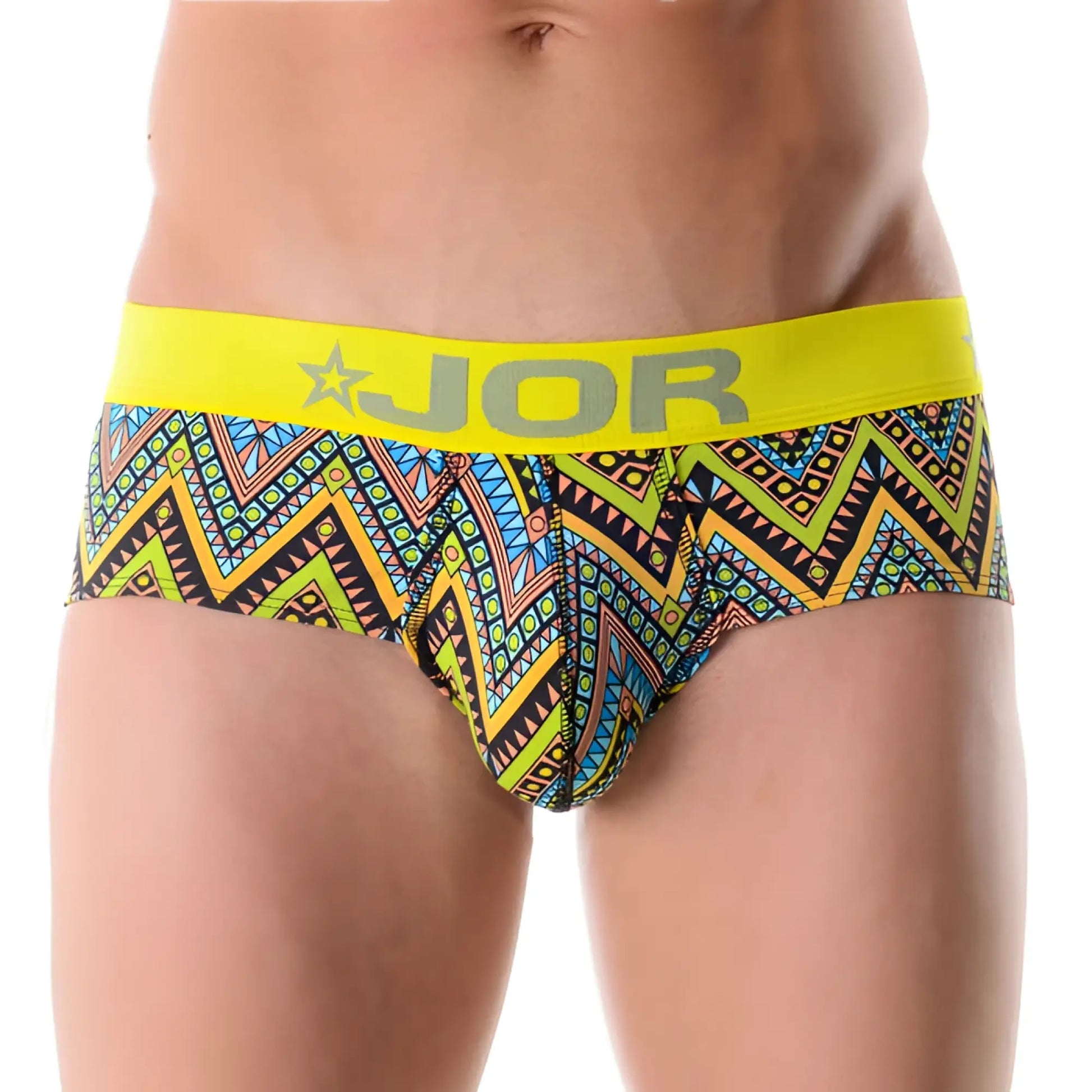Jor africa brief underwear size l vibrant patterned men’s briefs with bold yellow waistband and neon geometric designs