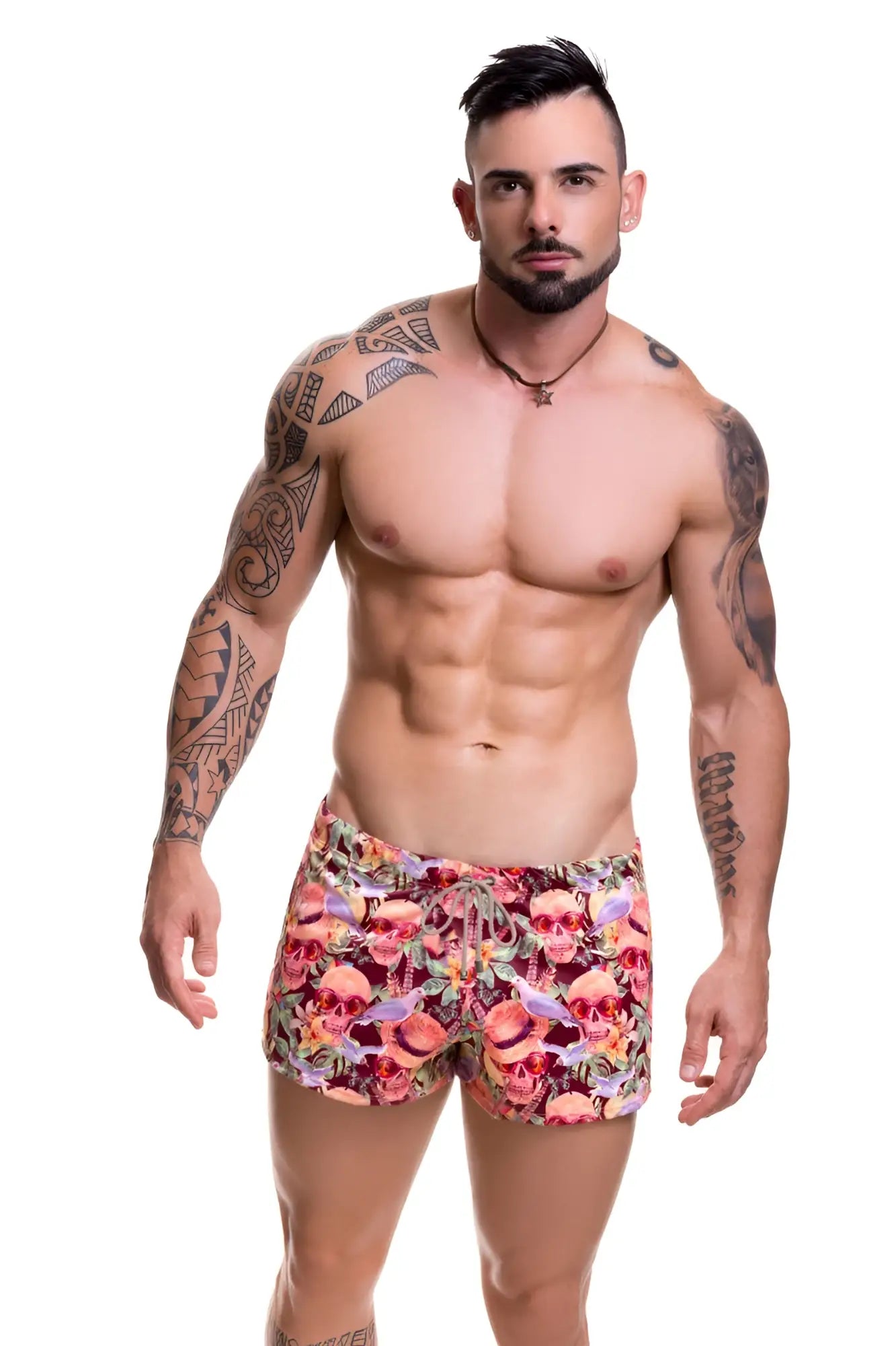 Men’s jor arrecife mojito mini shorts swimwear in size m with vibrant floral pink red purple skull pattern swim trunks