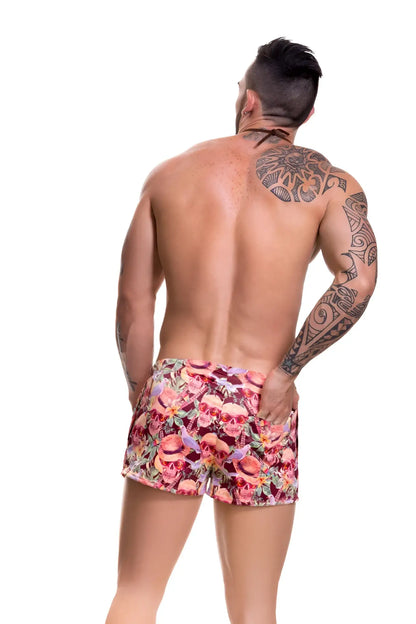 Men’s jor arrecife mojito mini shorts swimwear in size m with vibrant pink red floral skull pattern on stretchy fabric