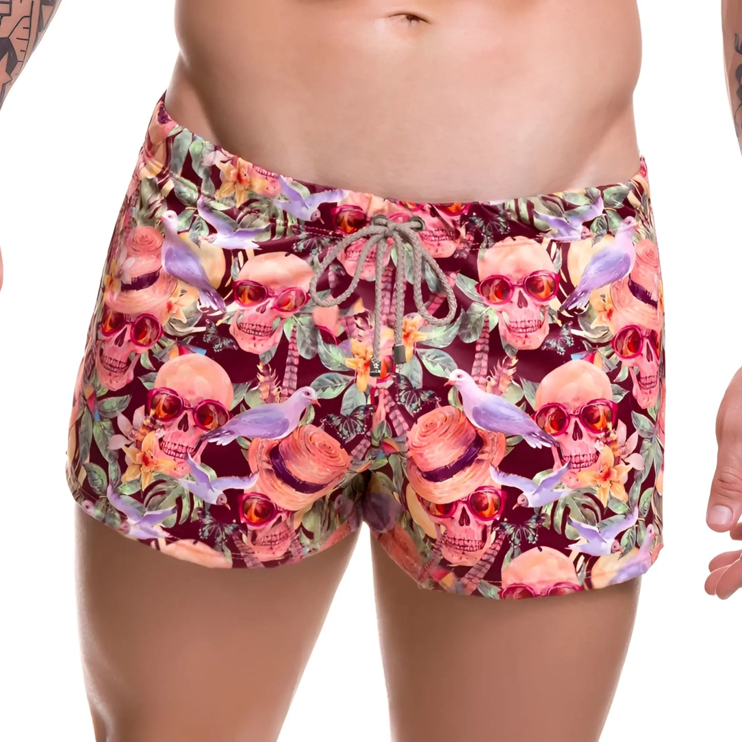 Jor arrecife mojito mini shorts swimwear in vibrant pink and maroon with skulls sunglasses tropical flowers and birds pattern