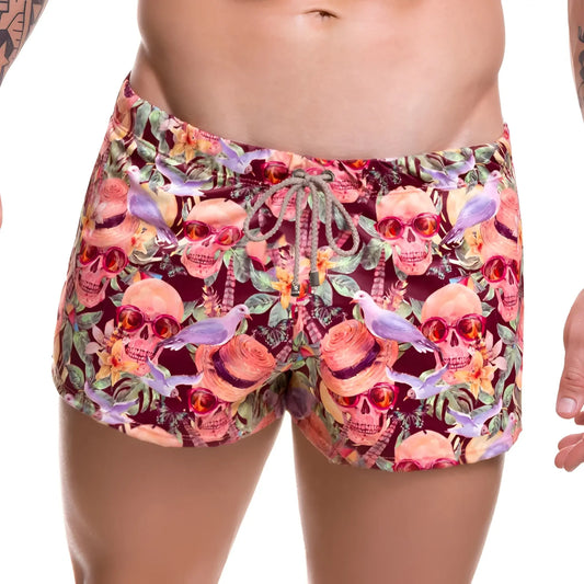 Jor arrecife mojito mini shorts swimwear in vibrant pink and maroon with skulls sunglasses tropical flowers and birds pattern