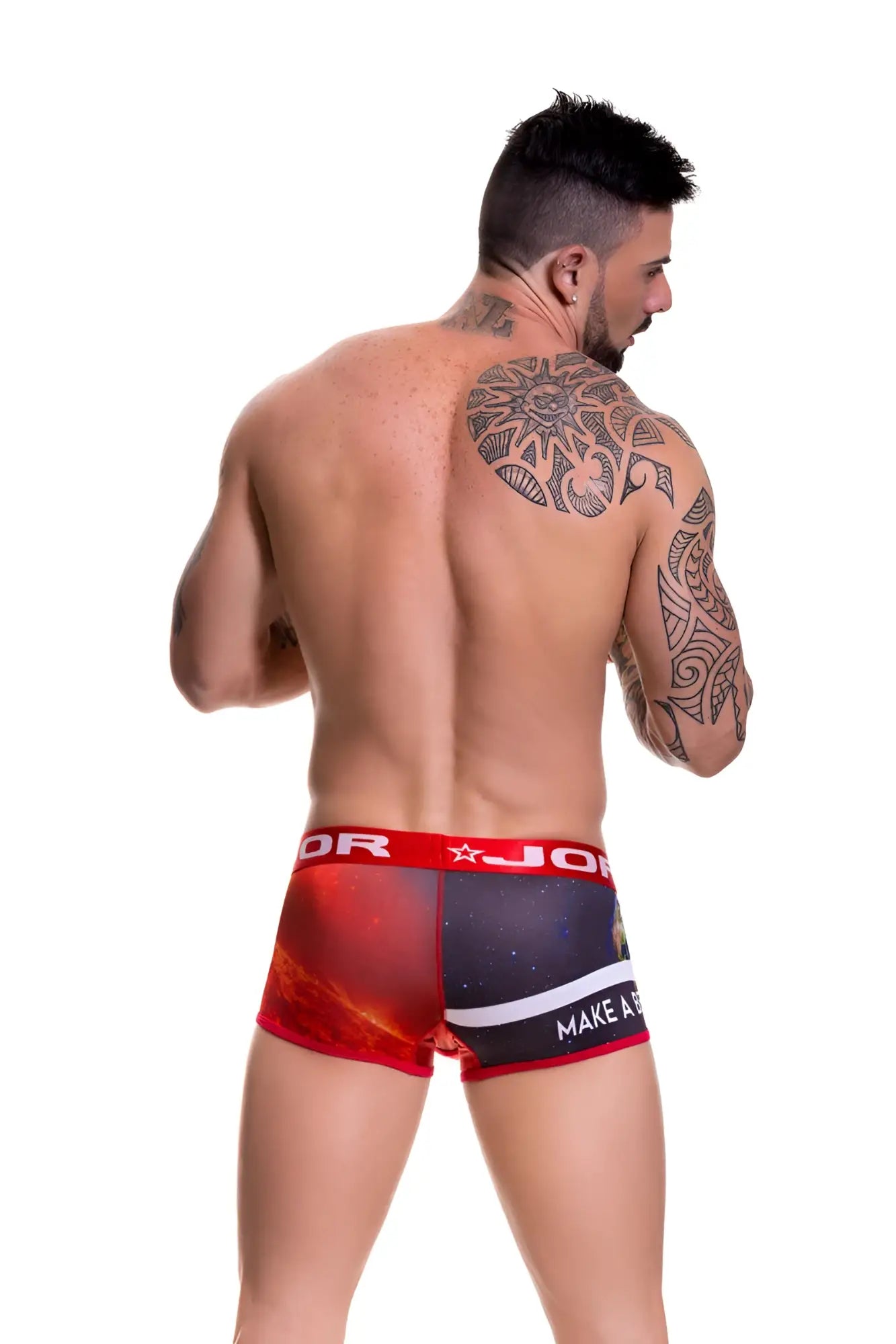 Jor believe boxer underwear 0473 size s red and black galaxy-themed boxer briefs with white stripe and make a text on side