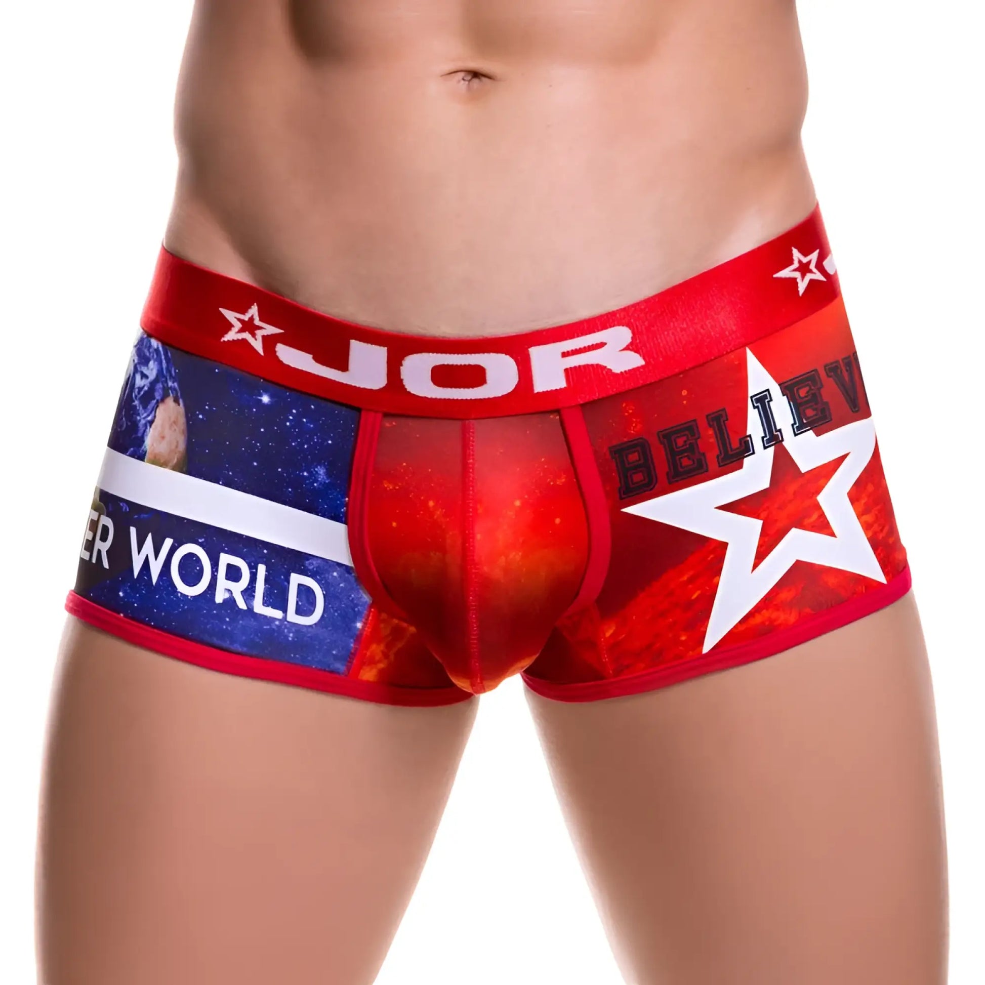 Red and blue Jor BELIEVE boxer underwear size S with space-themed print made from stretchy fabric