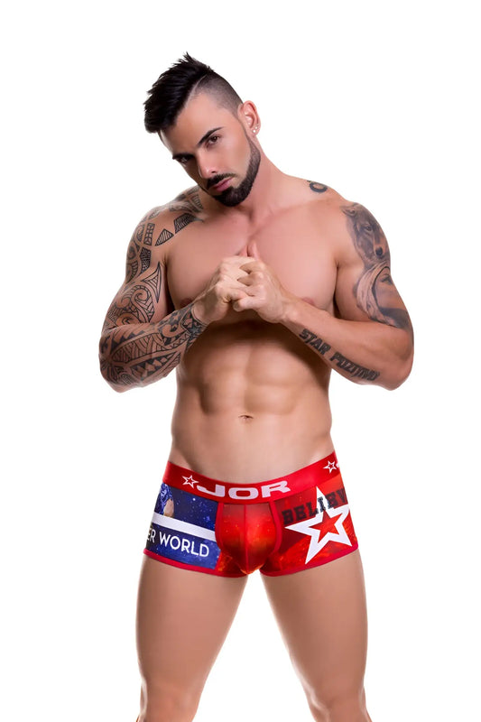 Red star-patterned boxer briefs with bold graphic design and jor brand name for men size s model 0473 believe