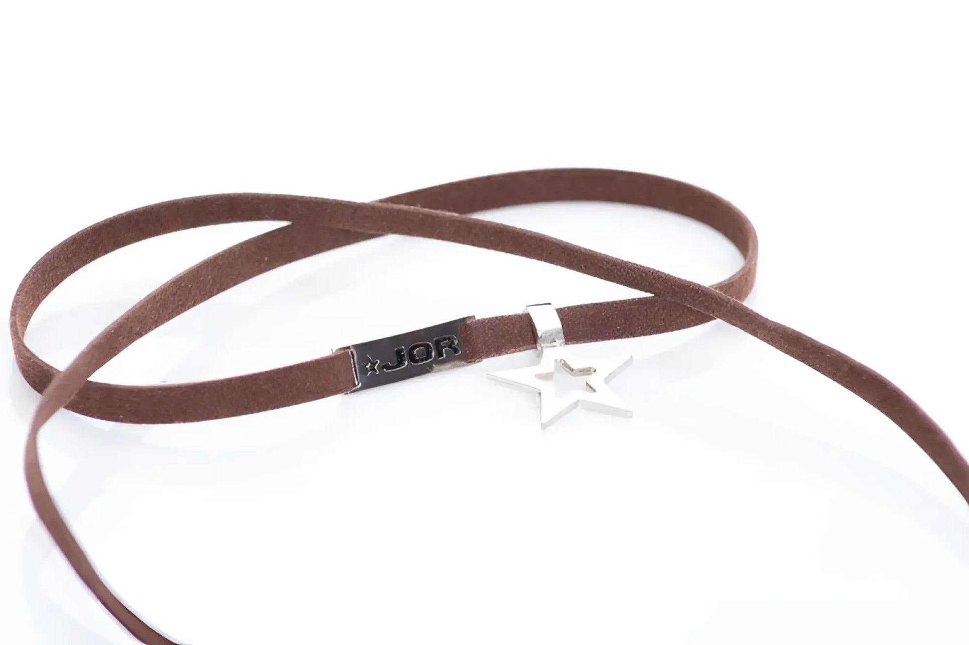 Brown suede jor bracelet choker with silver star pendant and black rectangular tag engraved with jor size one size