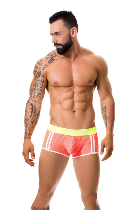 Bright coral jor electro boxer brief underwear candy 0122 in size m with neon yellow waistband and white side stripes