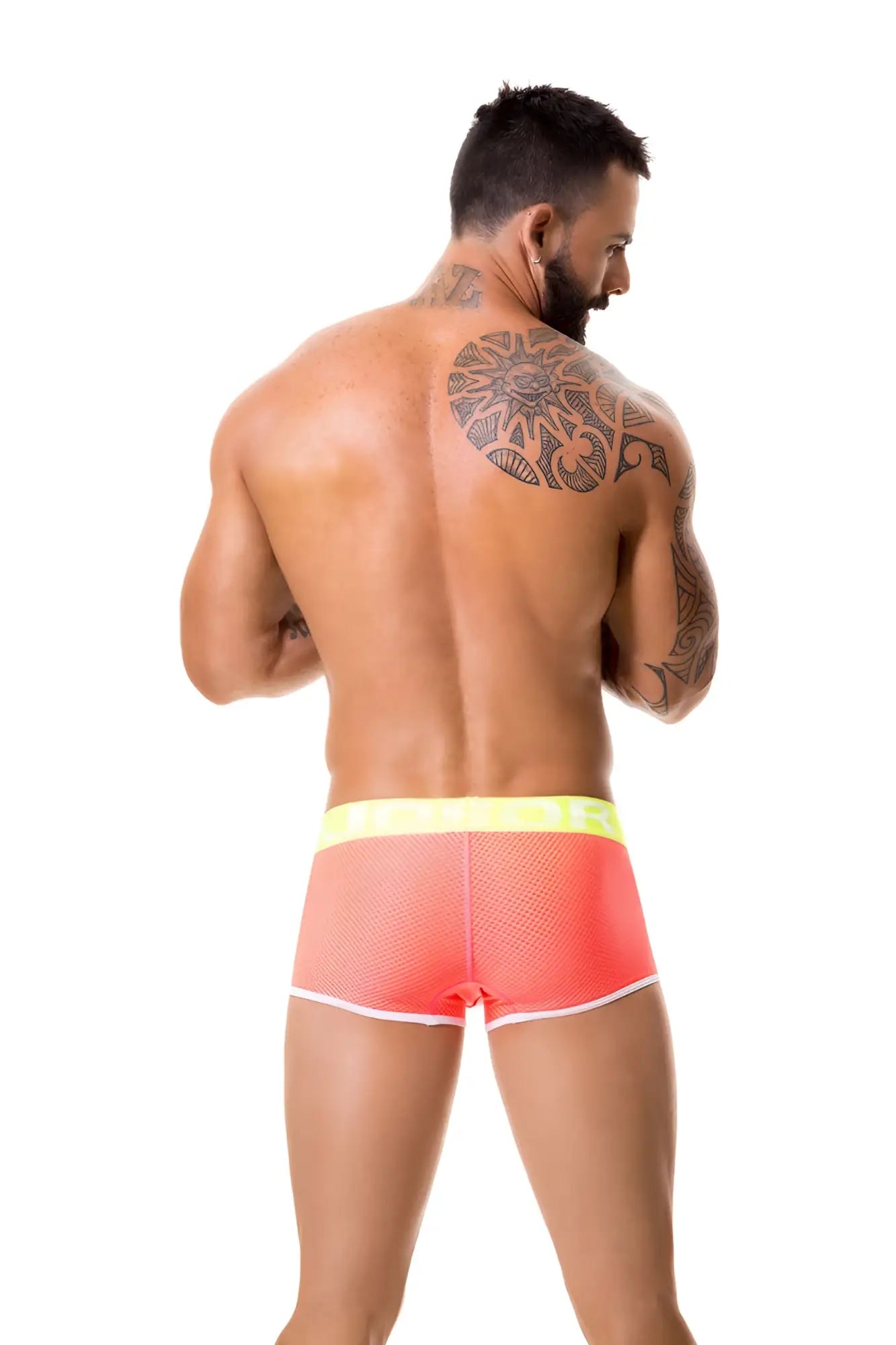 Bright coral mesh jor electro boxer briefs with neon yellow waistband and white trim size m front view