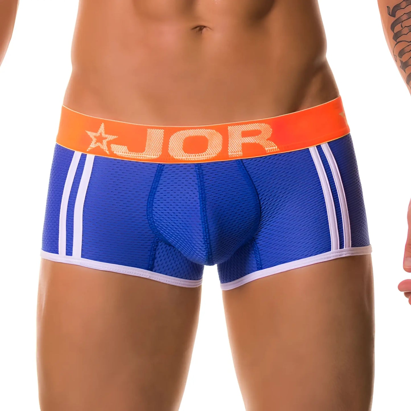 Blue jor ELECTRO boxer underwear with white stripes and orange waistband featuring jor logo in size medium