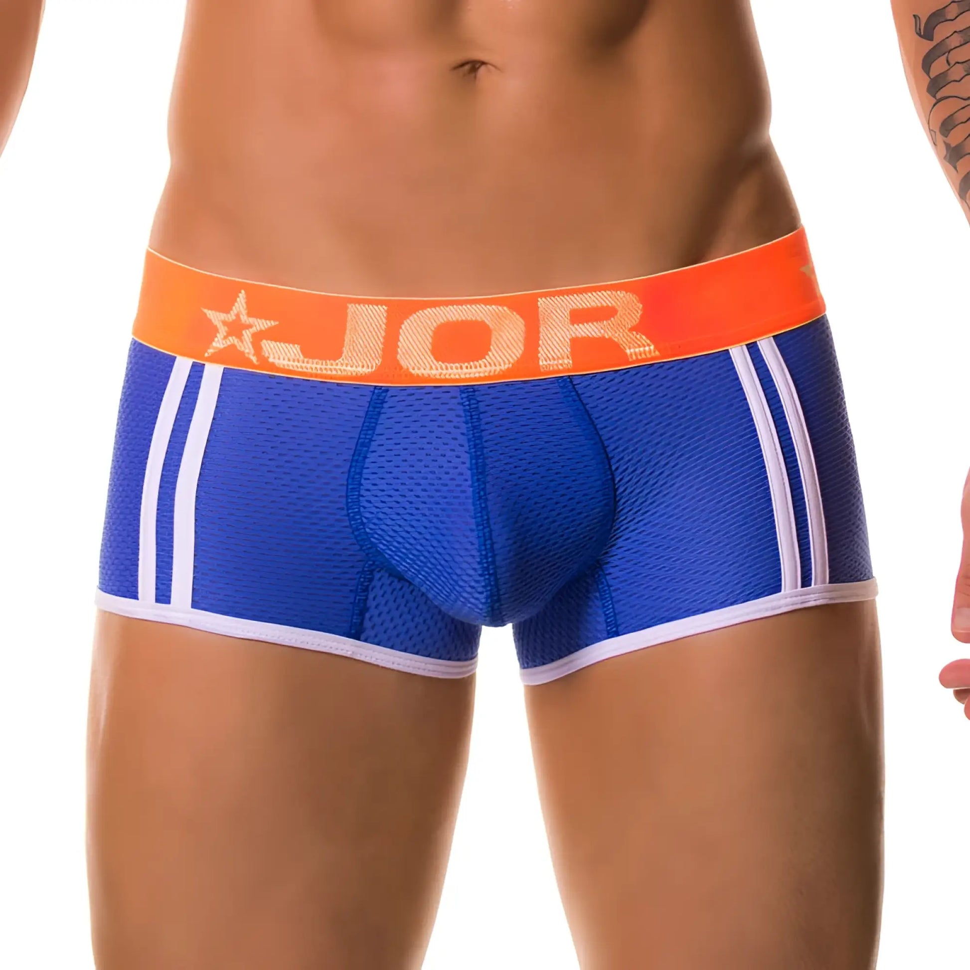 Blue jor ELECTRO boxer underwear with white stripes and orange waistband featuring jor logo in size medium