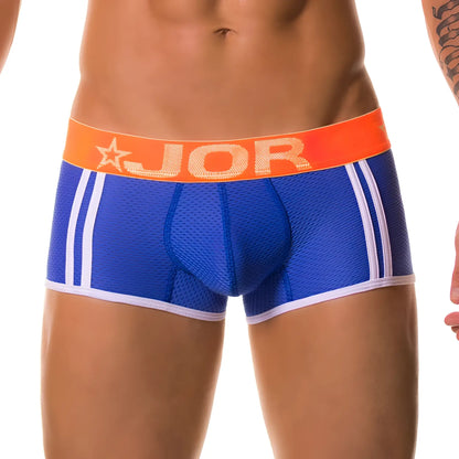 Blue jor ELECTRO boxer underwear with white stripes and orange waistband featuring jor logo in size medium