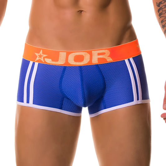 Blue jor ELECTRO boxer underwear with white stripes and orange waistband featuring jor logo in size medium